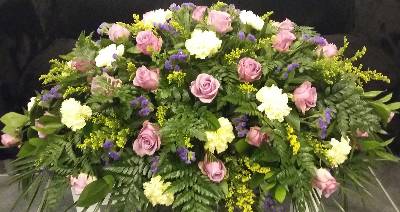 Lilac Roses, with yellow, lemon and purple flower Coffin Spray