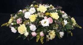 Pink Roses with yellow cream and white mixed flowers