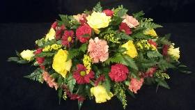 Yellow Roses with red, yellow and orange mixed flowers
